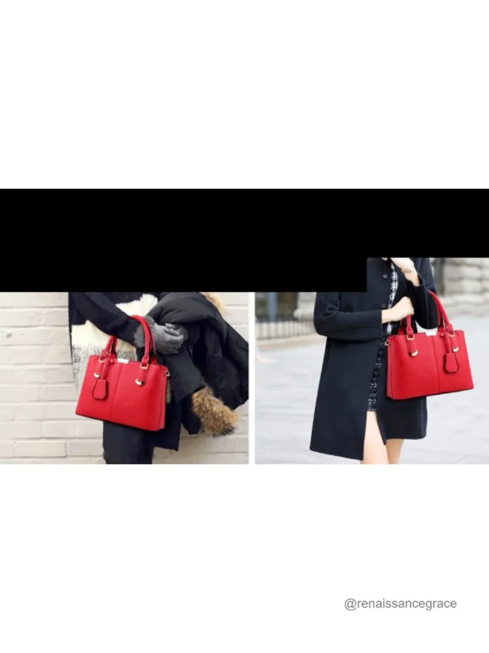Faux Leather Satchel Shoulder Tote Handbag with Gold Hardware